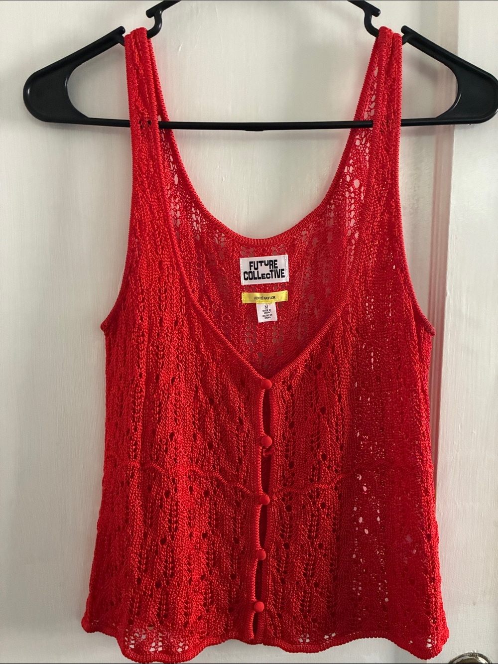 Future Collective Red Crochet Button-Front Tank